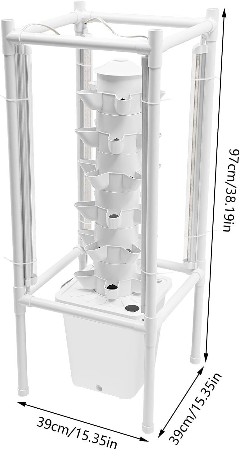Hydroponics Tower Garden Vertical Growing System Kit, 30-Plant Indoor Gardening Planter Germination Kit with LED Grow Light & Water Pump for Herbs & Vegetables, 2.64Gal White Water Tank