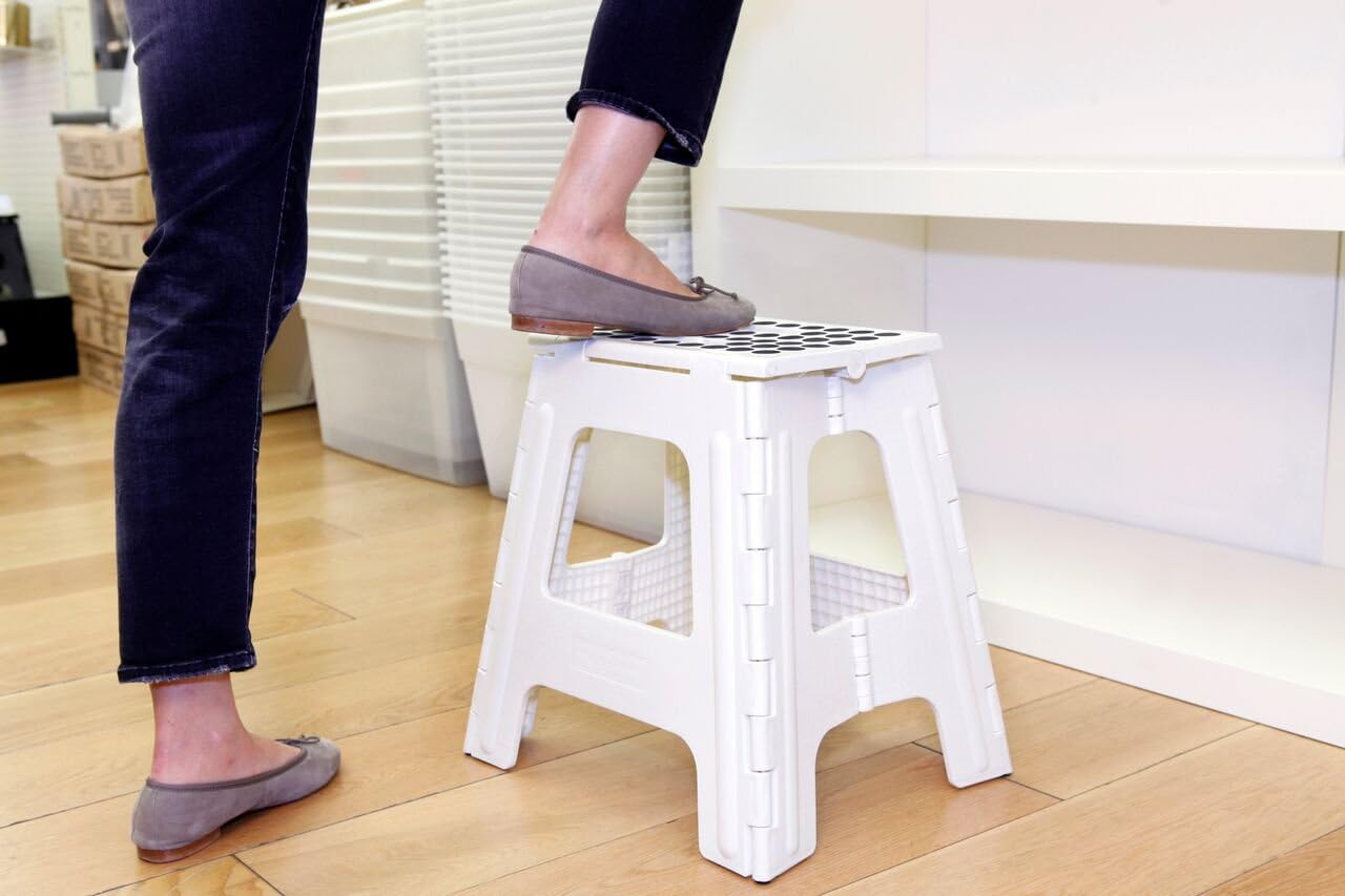 Kikkerland Rhino Foldable Step Stool – Holds Adults up to 300 Lbs, Best for Kitchen & Bathroom – Collapsible, Portable, Lightweight Stepping Stool with Sturdy, Non-Slip Design – White, 15”