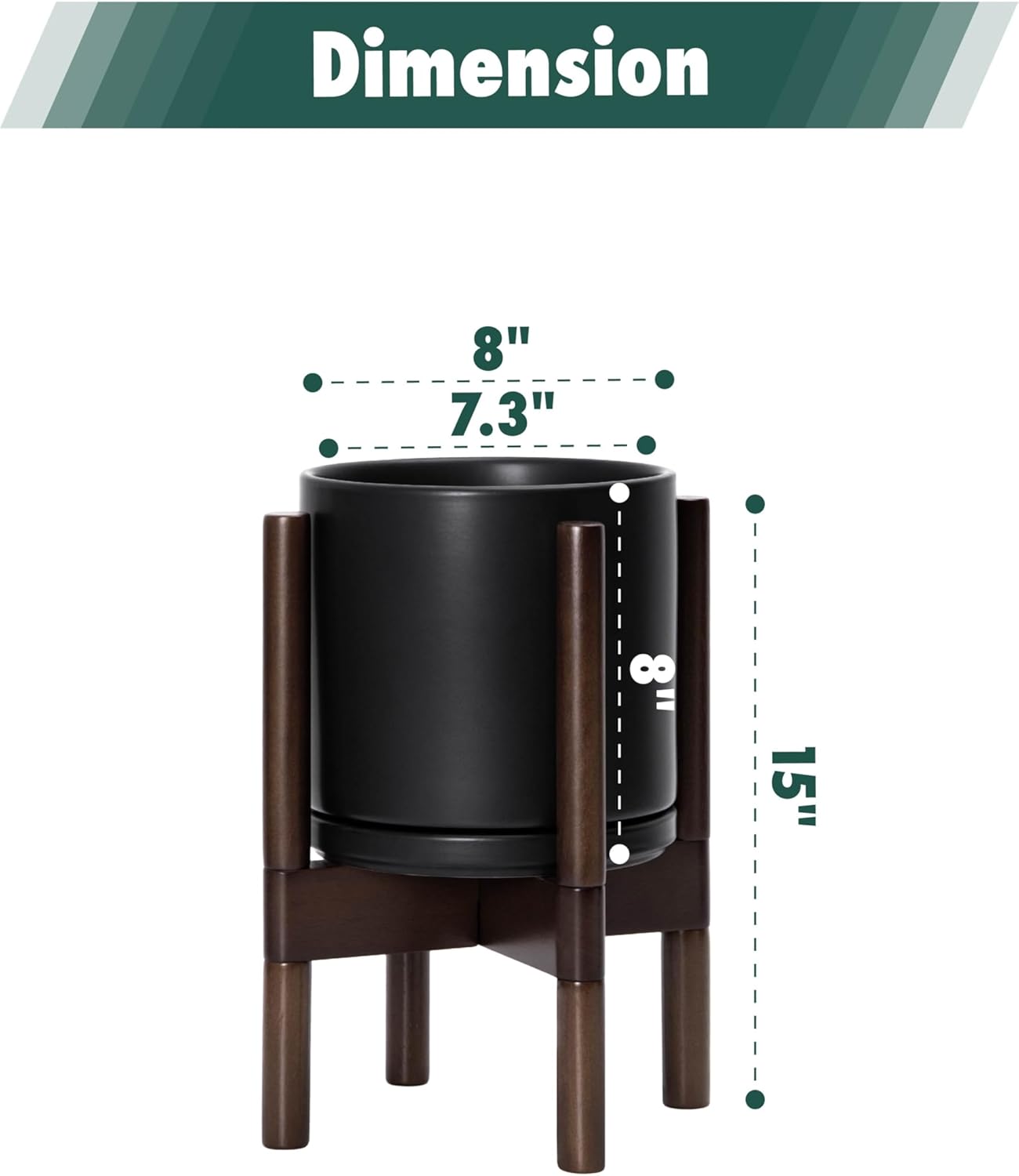D'vine Dev Ceramic Planter with Walnut Color Stand - 8 Inch Modern Round Flower Pot with Wood Planter Holder, Black, 55-B-Y-2