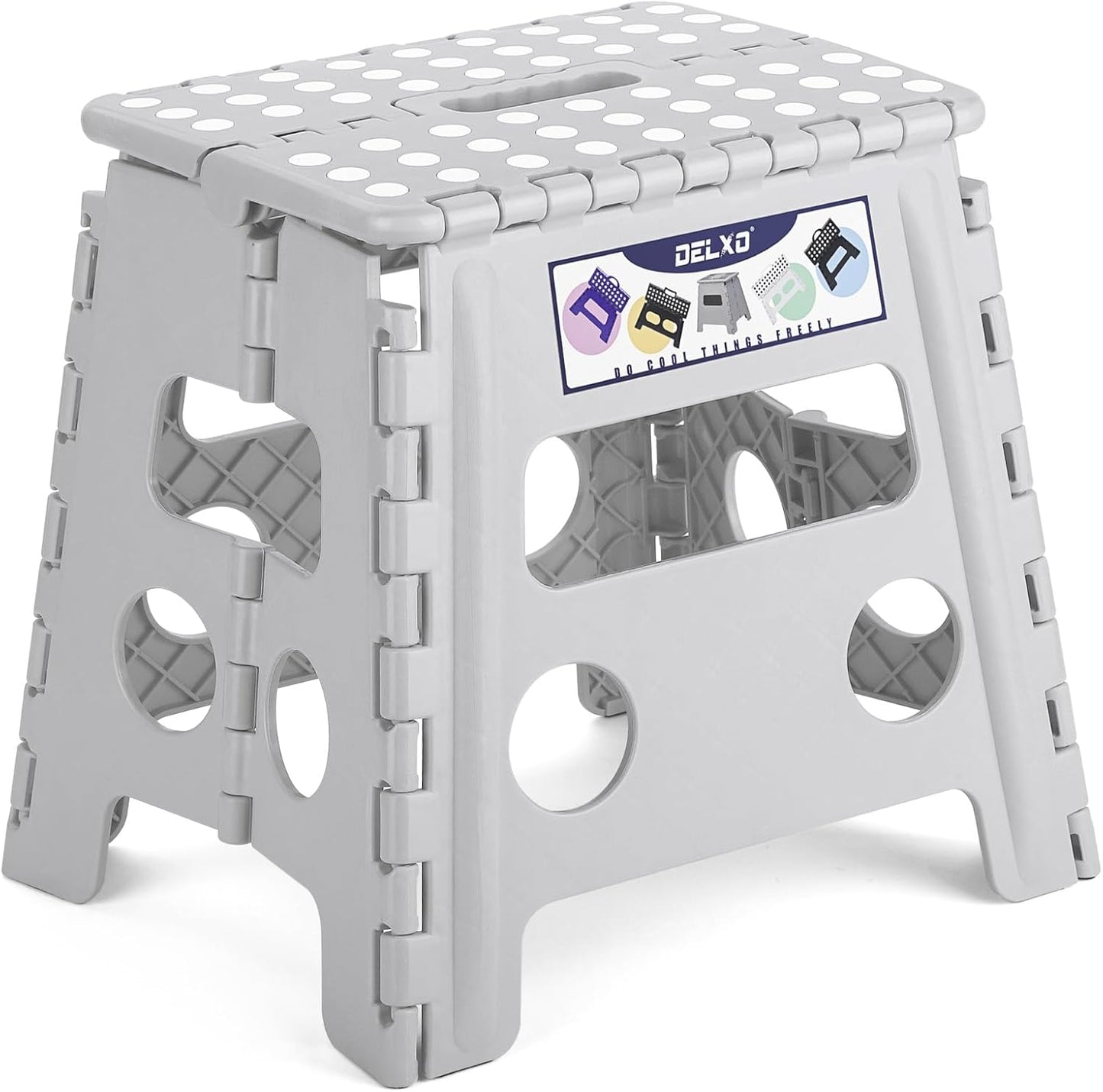 Delxo Folding Step Stool, 13 inch Non-Slip Foldable Stools for Kids & Adults Up to 300 LBS, Step Stool with Handle, Lightweight for Kitchen, Bathroom, Bedroom, Garden, Grey, 1PC