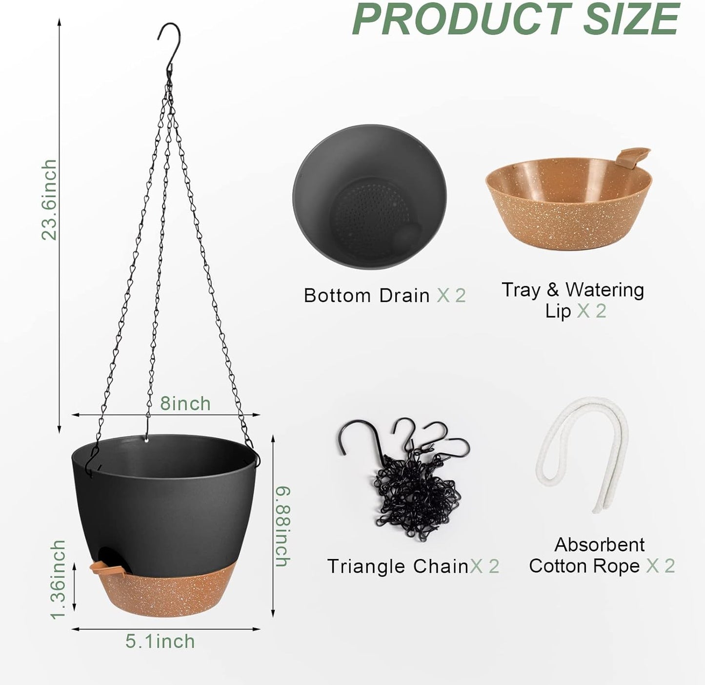 Hanging Planters for Indoor Outdoor Plants, 2 Pack Self Watering Hanging Pot with Drainage Holes & Removable Tray (Black, 8'')