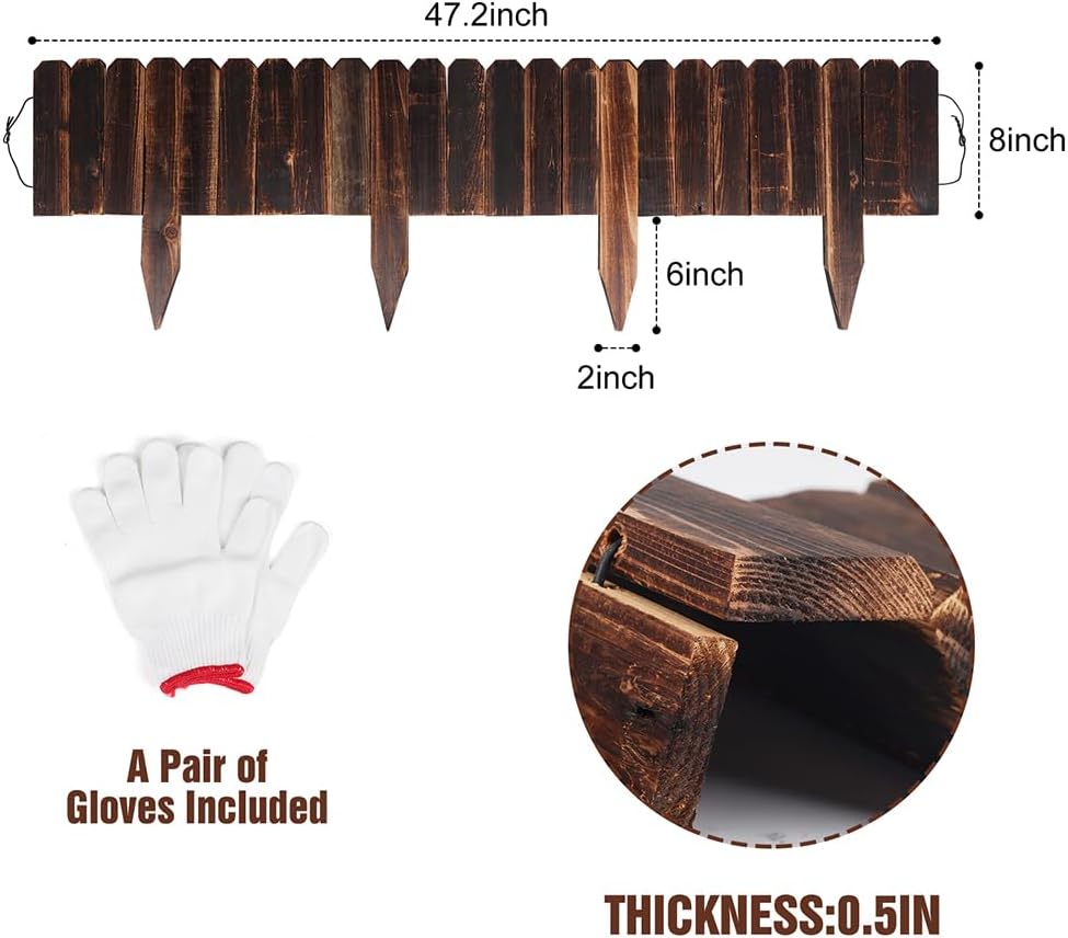2 Pack Garden Wooden Fence Anti-Corrosive Outdoor Landscape Edging Flexible Decorative Border with a Pair of Gloves for Garden Yard Flower Tree Fence - 7.9'' H x 47'' L