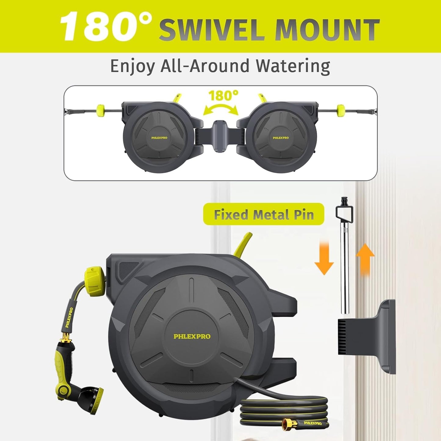 Retractable Garden Hose Reel 5/8 in x 75 ft Heavy Duty Automatic Water Hose Reel Wall Mounted with 10 Pattern Nozzle,Any Length Lock, Slow Return System, 180°Swivel Bracket