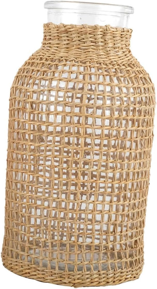 DOITOOL Glass Flower Vase with Rattan Cover, Round Decorative Flower Vase Woven Seagrass Vase Farmhouse Vase Floral Container for Floral Arrangement Table Centerpiece Decor (Size L)