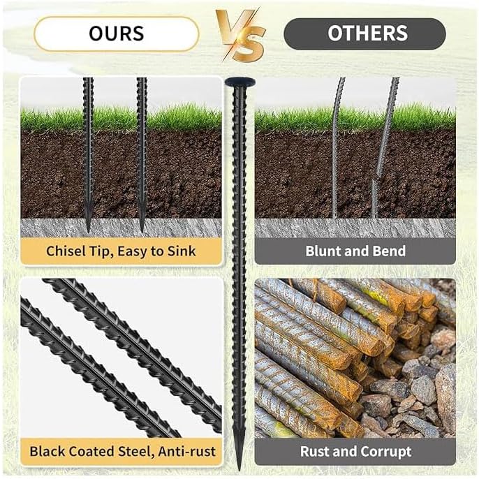 16 Inch Rebar Stakes,Ground Stake 1/2 Inch Diameter，Galvanized Steel Ground Anchors, Heavy Duty Metal Spikes，Asphalt Anchor,Used for Speed Bump Wheel Stop and Camping Tent(16 Pack ，Black)