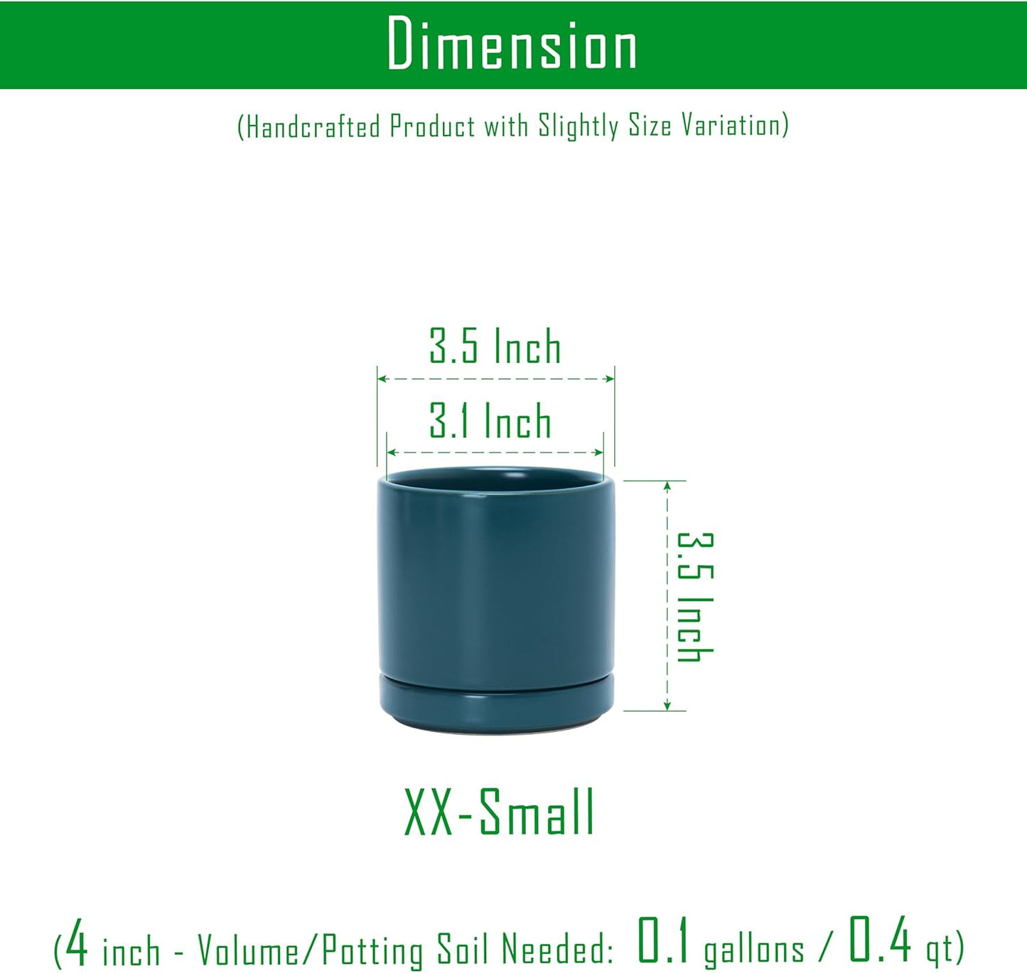 D'vine Dev 3.5 Inch Ceramic Planter Pot with Drainage Hole and Saucer, Indoor Cylinder Round Planter Pot, Teal, 94-O-A-9