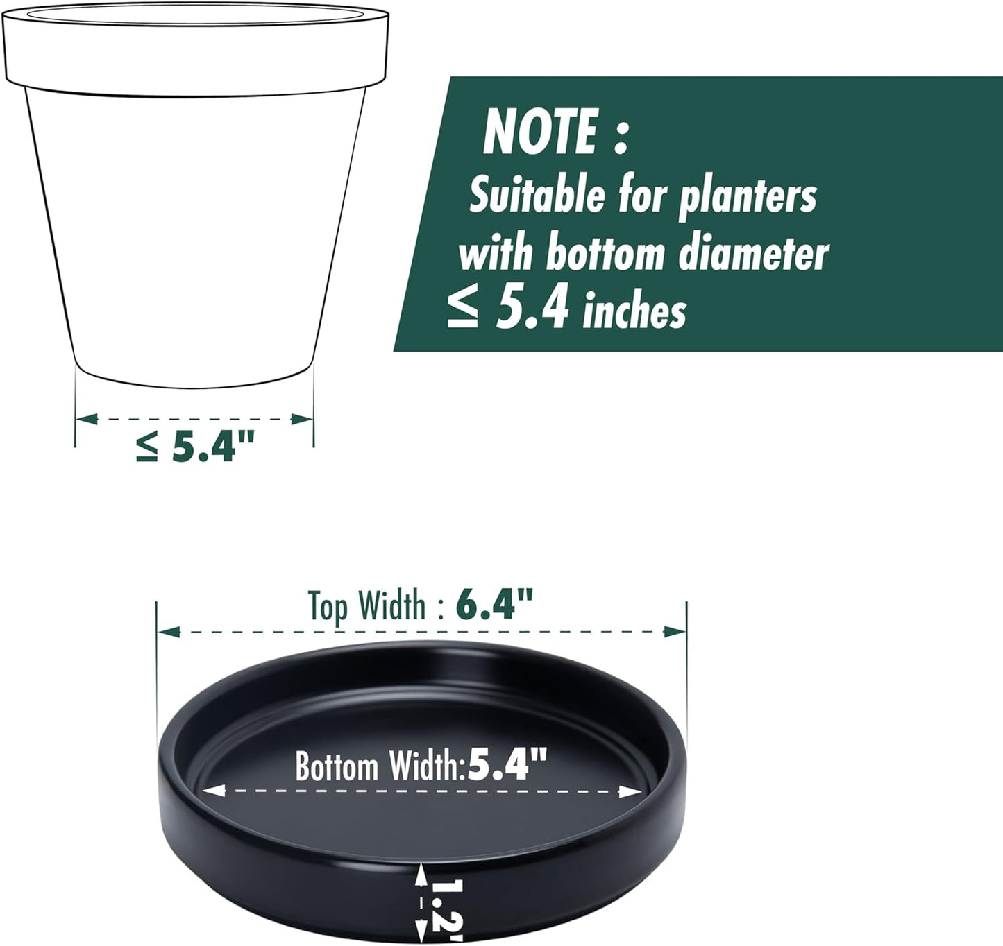 D'vine Dev Modern Round 5.4 Inch Ceramic Plant Pot Saucer, Planter Pot Drainage Tray for Indoor Plants, Set of 2, Matte Black, 97-T-B-22