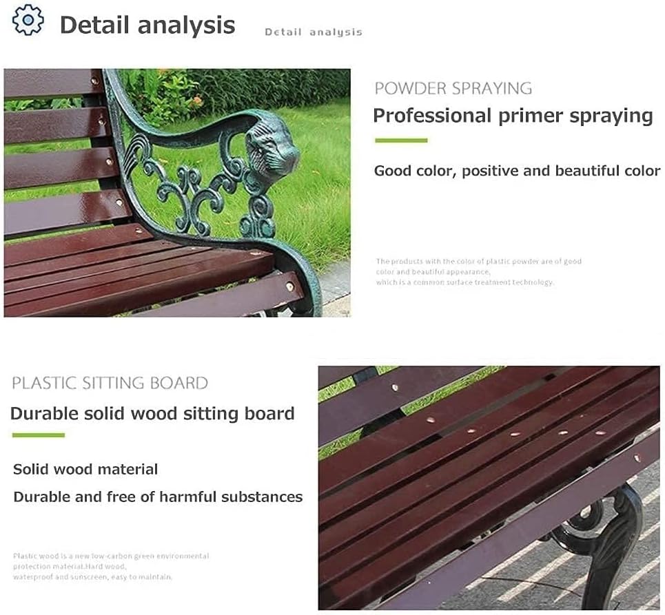 Outdoor Bench, Porch Bench, Garden Park Bench, Cast Aluminum Preservative Wood Bench with Backrest and Armrests for 2-3 People Porch/Deck/Patio Furniture(Brown+Antique Green Legs,125CM)