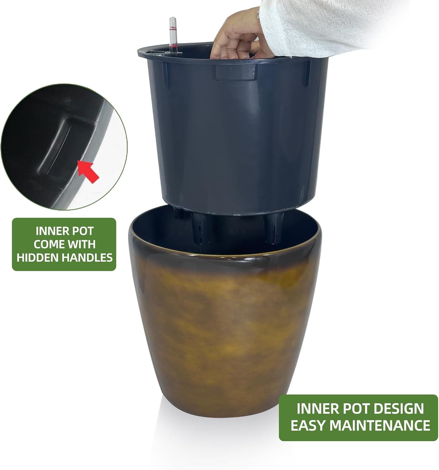 Dexceder 13x12 Self Watering Planter with Wheels Indoor Outdoor, Inner Pot Design, Thickened Large Floor Standing Flower Plant Pot with Water Level Indicator (Yellow Brown Gradient)