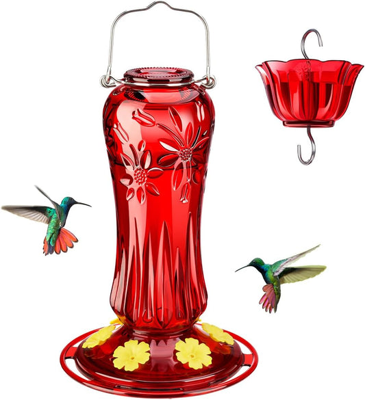 Kingsyard Glass Hummingbird Feeders for Outdoors Hanging, Hummingbird Nectar Feeder with Ant Moat & 6 Bee Guard Feeding Ports, 25 Ounces Leak Proof (Red)