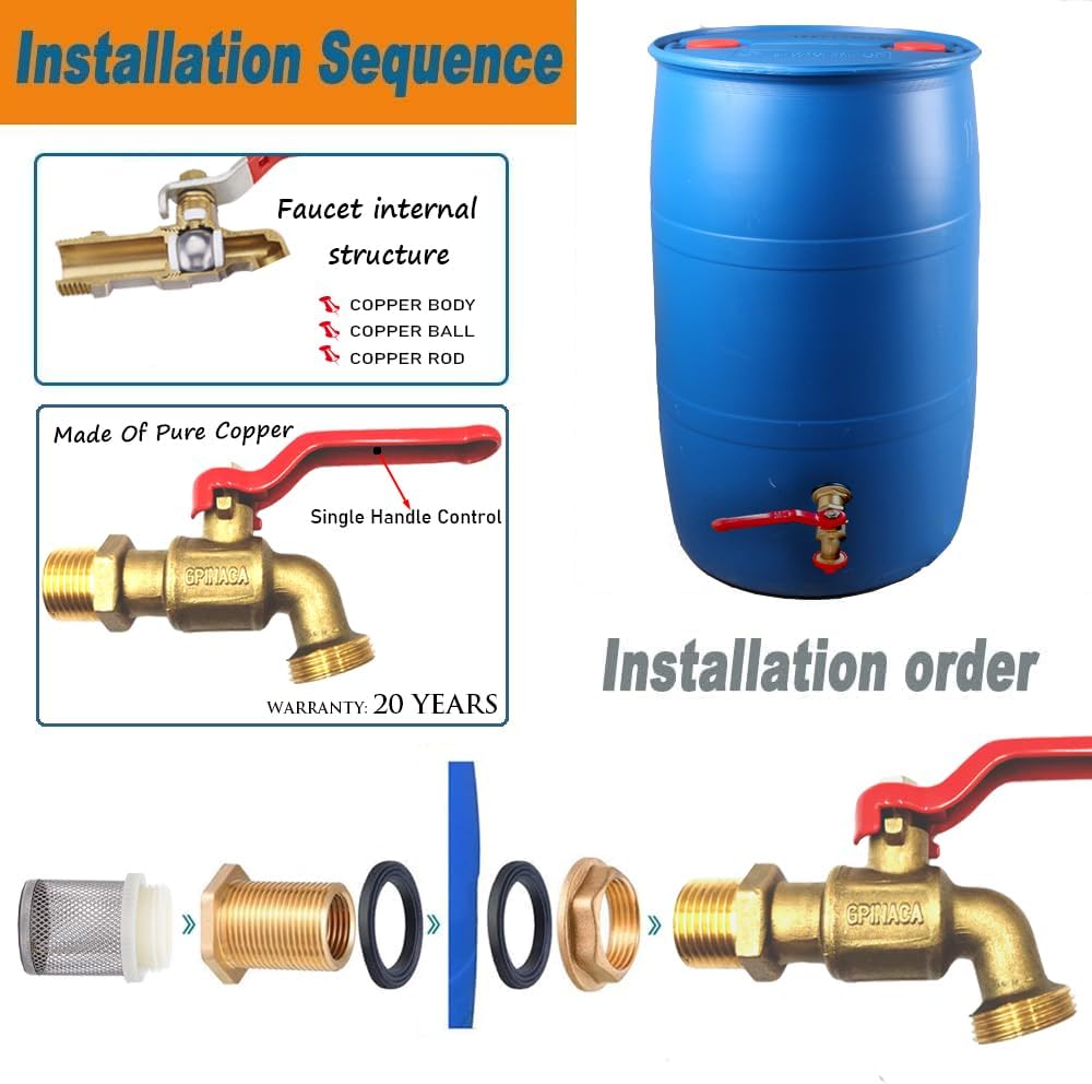 Rain Barrel Spigot, Brass Faucet Kit for Rain Water Barrel, Water Tanks, Tubs, Pools Etc, Turn Ball Valve Rain Barrel Spigot with Bulkhead Fitting Set, Hose Adapter, Filter Mesh and Tape