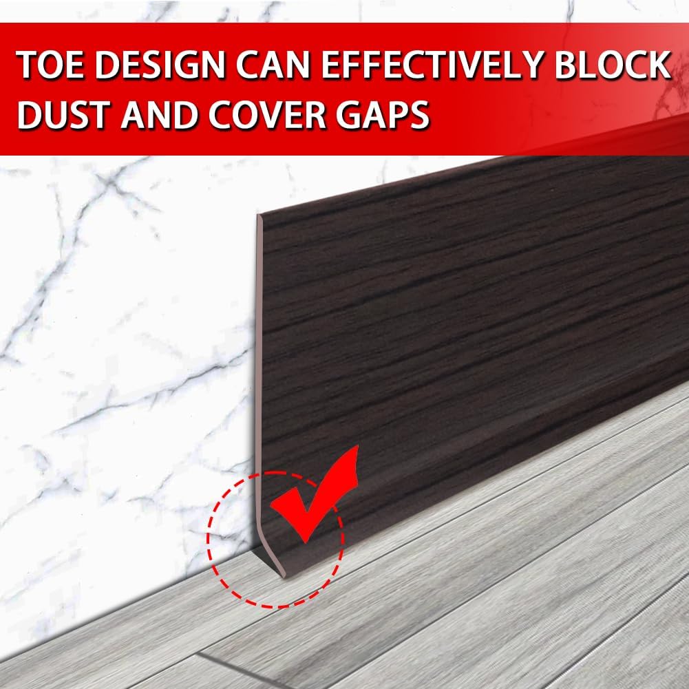 FONUNO Vinyl Wall Base Baseboard Molding Trim 4" Flexible Self Adhesive Rubber Wall Base Moulding Trim Peel and Stick Design, 4 Inch x 20 Feet, Black Walnut Wood Grain