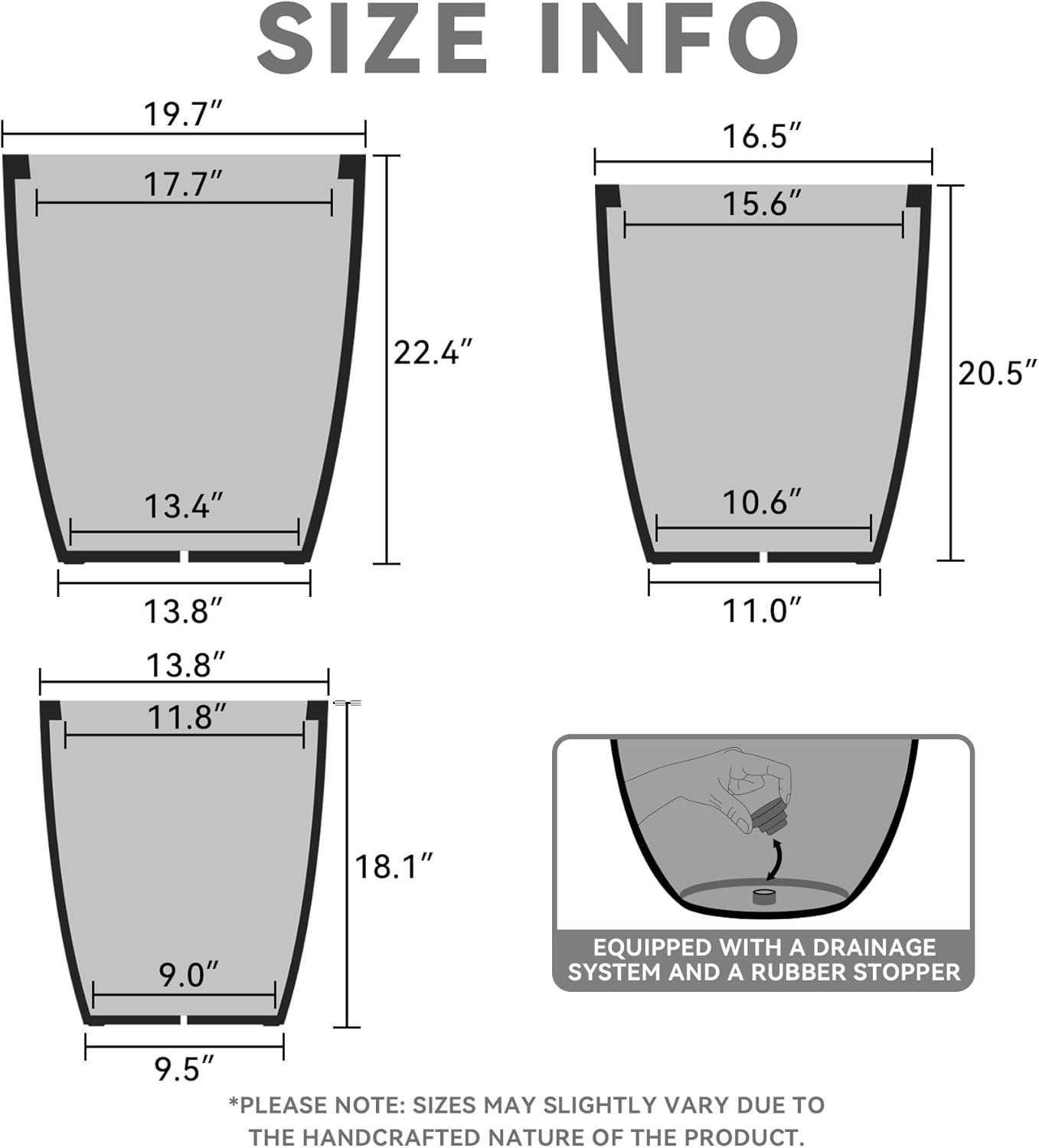 Kante 18.1",20.5",22.4" H Tall Round Concrete Planters Set of 3, Outdoor Indoor Modern Decorative Plant Pots with Drainage Hole & Rubber Plug for Home & Garden Natural Concrete