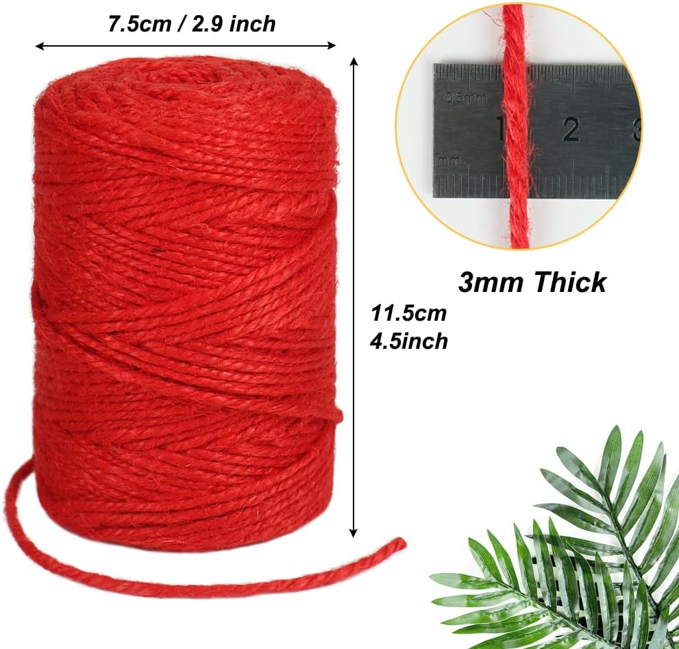Tenn Well Red Jute Twine, 328 Feet 3mm Thick Craft Twine Packing String for Gift Wrapping, Gardening, DIY Projects
