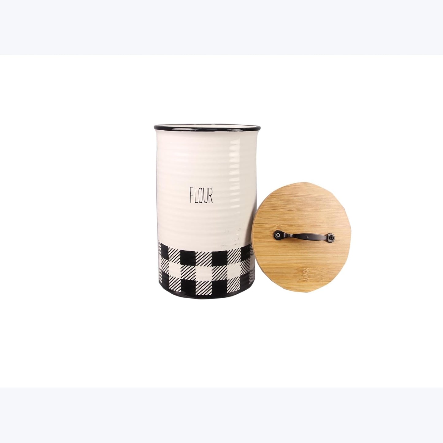 Young's Inc. 4 Pcs Set Plaid with Bamboo Lids Ceramic Canisters- Storage Container for Kitchen and Bathroom - Beautiful Home Decor Accent to Store Food, Coffee, Tea, and More - Black, White