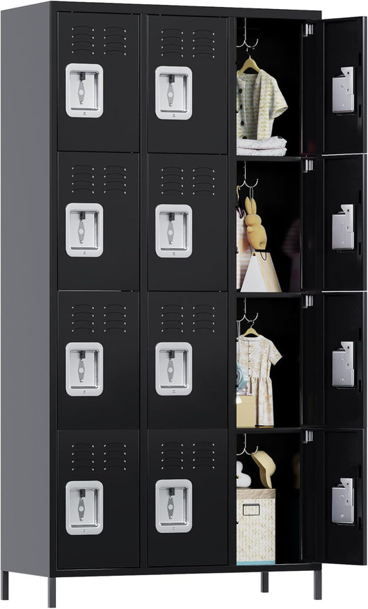 12 Doors Metal Lockers for Employees with Lock, Metal Locker with 12 Hooks for School Garage Office Gym Home,Assembly Required,Black