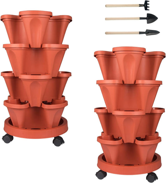 Vertical Planter 4 Tier Stackable Planters Garden Planters Strawberry Herb Flower and Vegetable Planter Indoor Outdoor Gardening Pots with Removable Wheels and Tools 2-Pack
