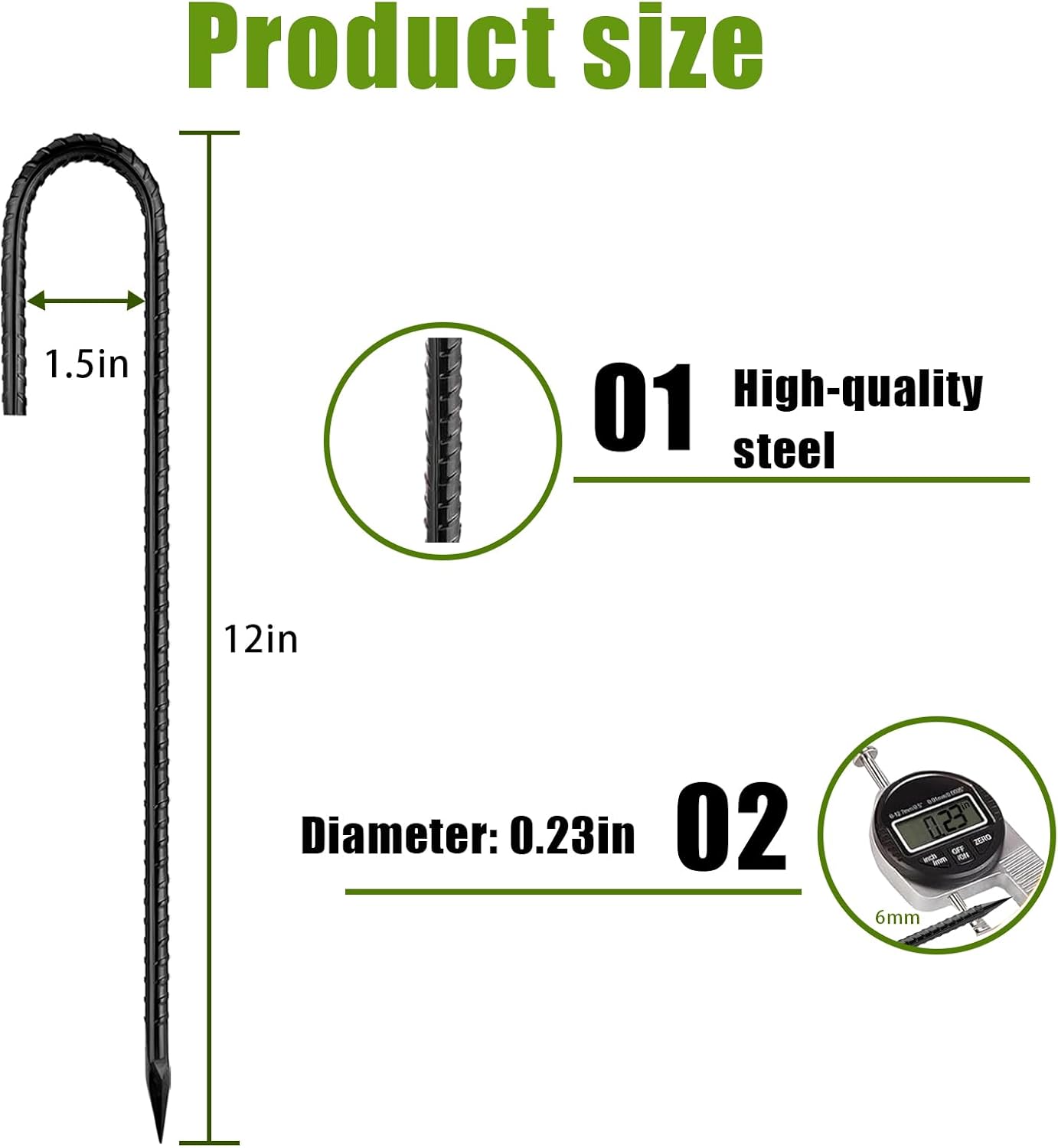 Rebar-Stakes-12Inch,J Hooks Ground Stakes Anchors for Gardening Black Coated Ground Stakes 4pcs Anti-Rust Heavy Duty Dog Fence Fixed Water Pipes Soccer Goals Tent Camping Trampoline