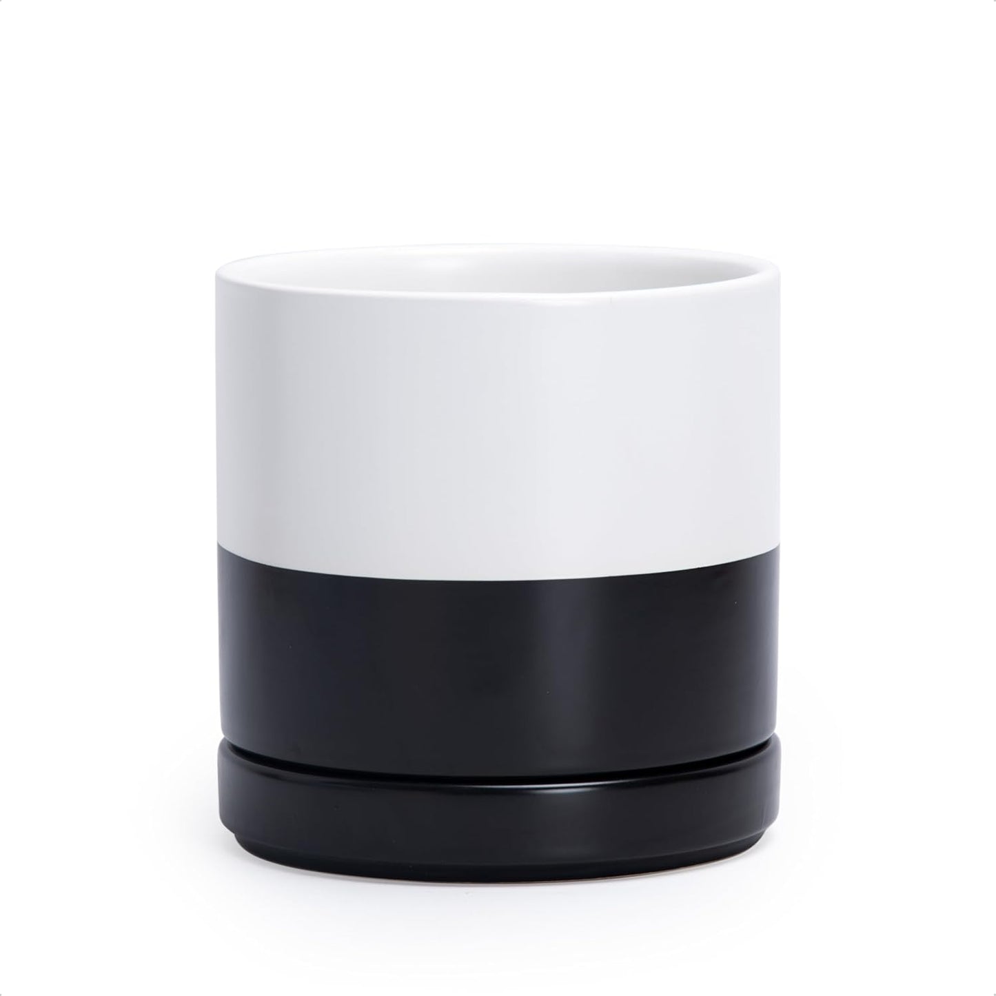 D'vine Dev 6.5 Inch Ceramic Planter Pot with Drainage Hole and Saucer, Indoor Cylinder Round Planter Pot, Layered Monochrome Black & White, 94-O-C-L
