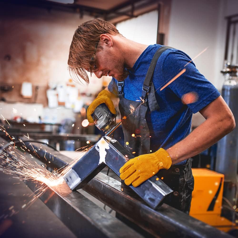 OZERO Leather Work Gloves Flex Grip Tough Cowhide Gardening Glove for Men and Women (Large, Gold With Mesh Linning)