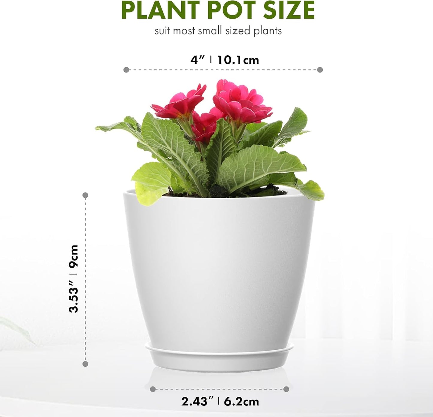 8 Pack 4 Inch Plant Pots with Drainage Holes and Saucers, Pots for Plant Indoor, Plastic Planters for Succulents and Small Plants, White