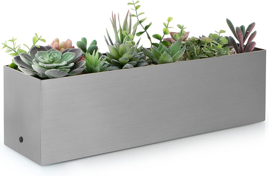 17" Large Stainless Steel Planter Box with Drain Holes and Water Reservoir, Rectangle Succulent Trough Planter Pot for Indoor Outdoor Windowsill, Table Decor (Brushed Nickel)