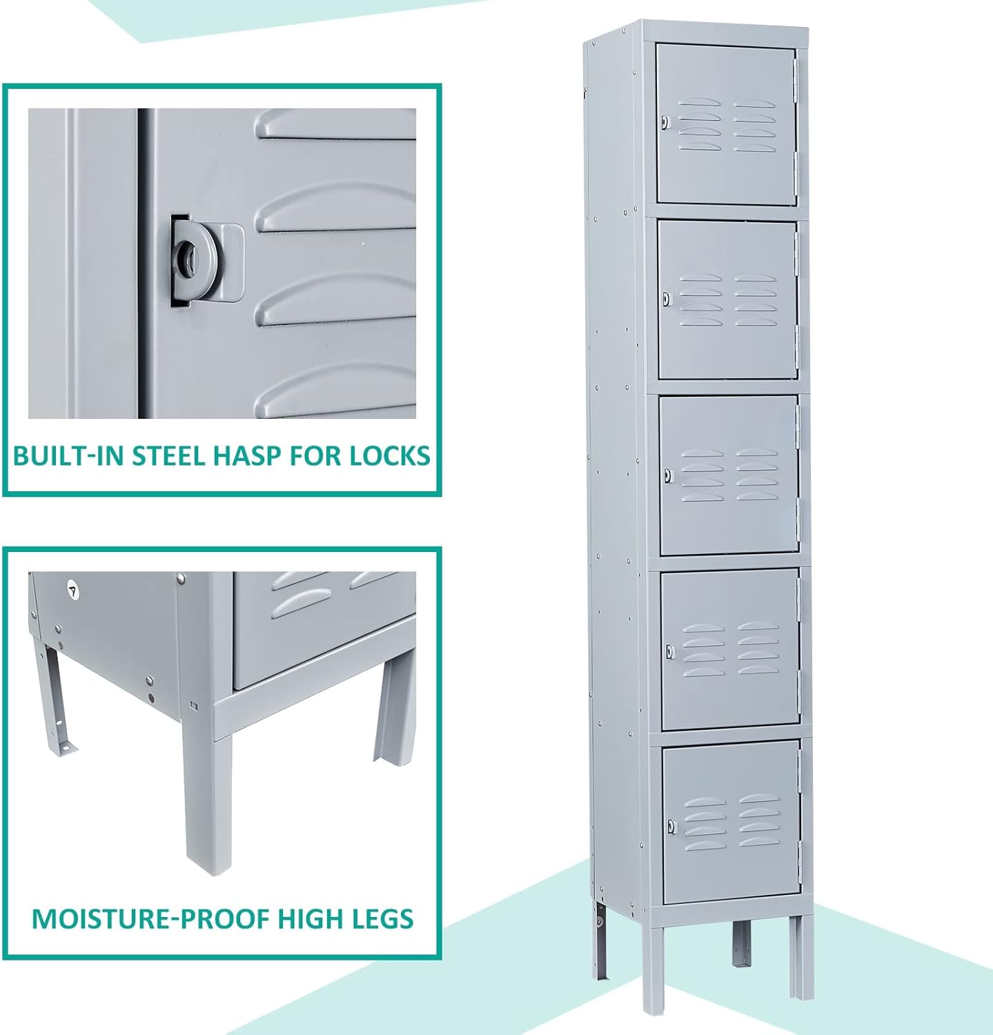 SISESOL Metal Locker for School,Metal Storage Lockers for Employees,Gray Steel Locker,5 Door Locker for Home,Office,Gym,Shop