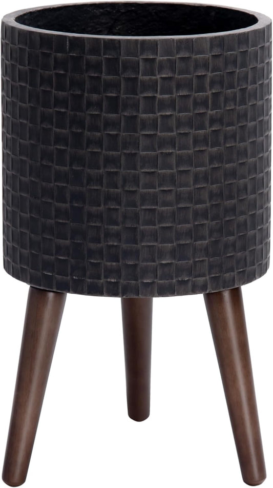 D'vine Dev 10 Inch Modern Geometric Tile Patterned Sleek Planter Pot with Stand, Indoor Outdoor Decorative Plant Holder, Distressed Black, 88-Z-B-5