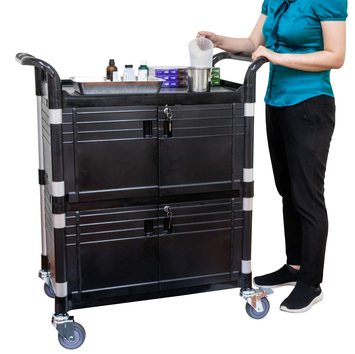 JaboEquip Double Lockable Door Medical Cart [ JaboEquip ] Cabinet Utility Cart with 2 Lockable Doors for Hospitality School Lab cart Service Cart, L34.43xD19.69 inch JABO cart, Black