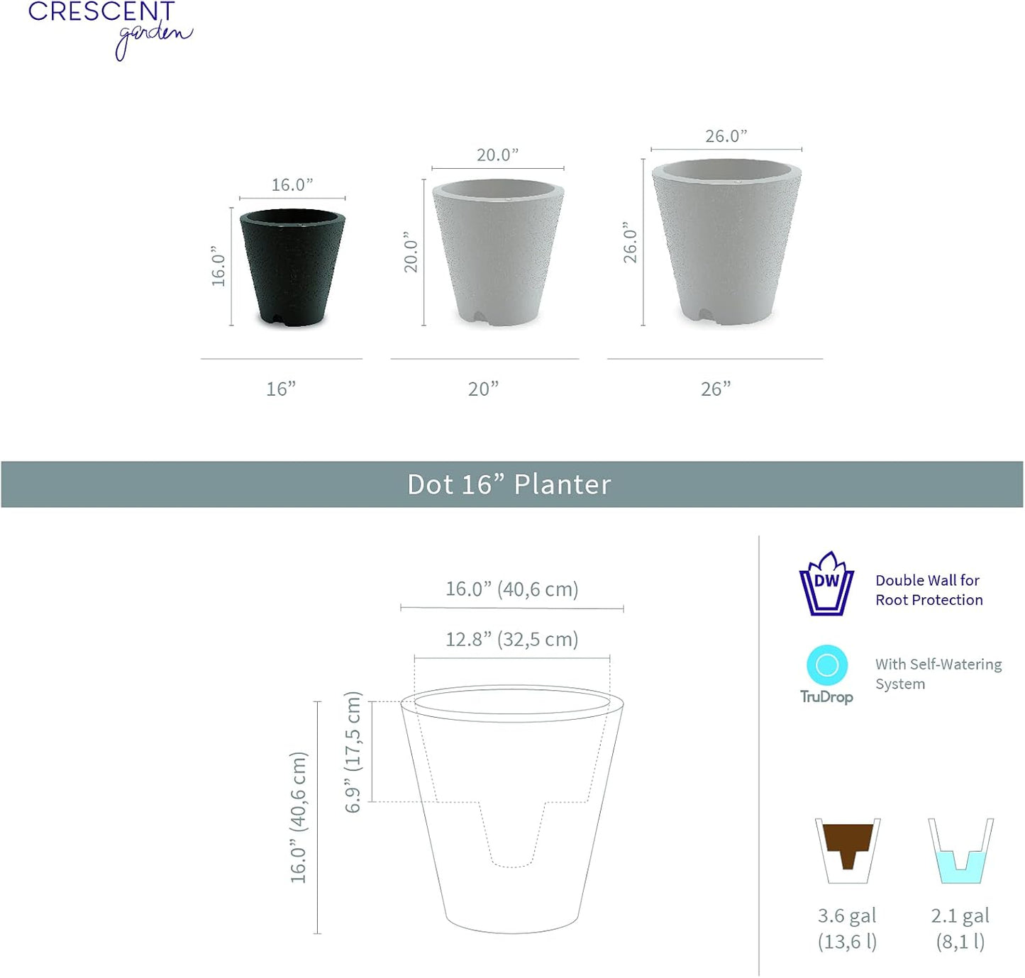 Crescent Garden Dot TruDrop Indoor/Outdoor Planter, Self-Watering Modern Plant Pot, 16 Inches, (Ash)