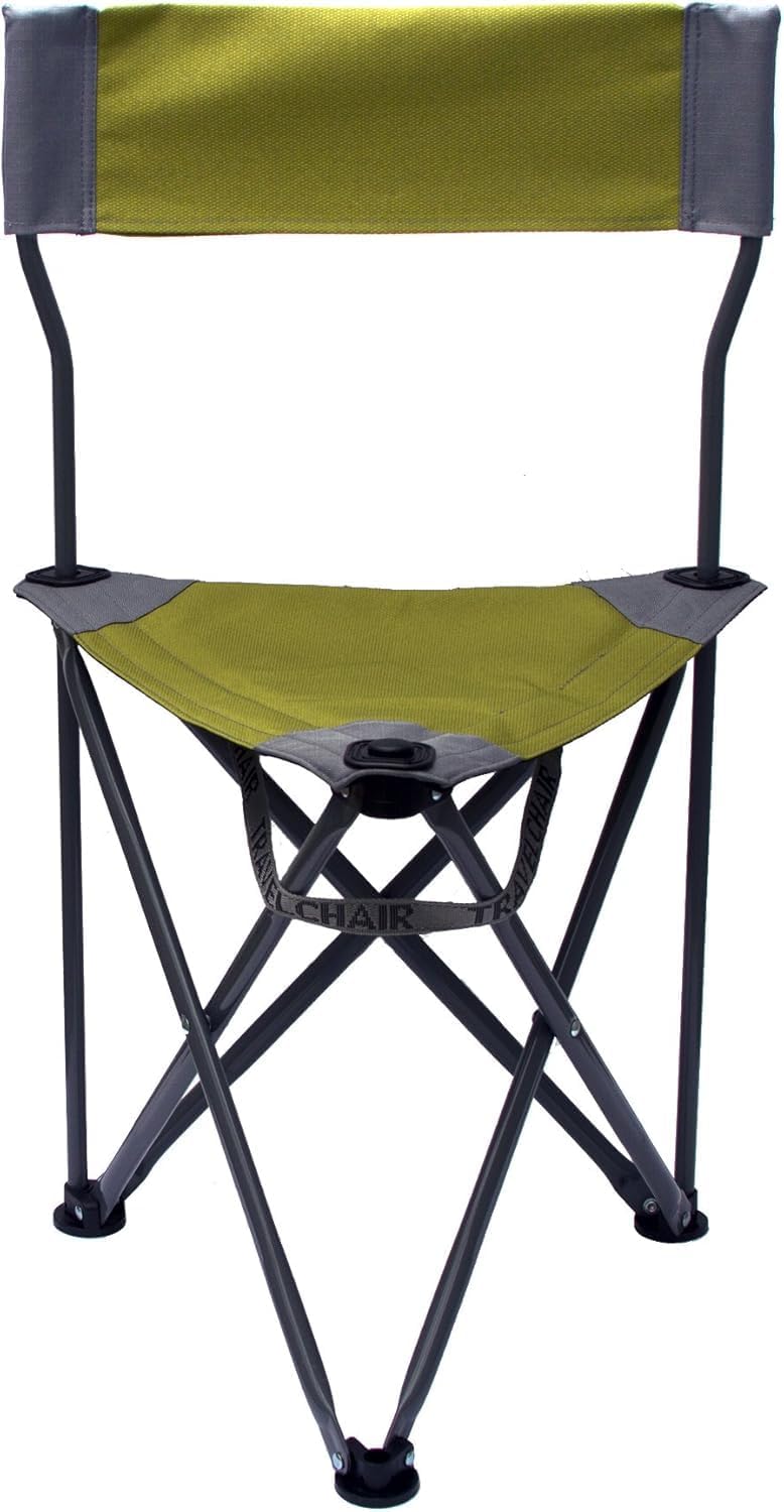 Travel Chair Ultimate Slacker, Quick Folding Tripod Stool with Backrest, Fishing Camping Hiking Chair with Carry Strap, Polyester, Green
