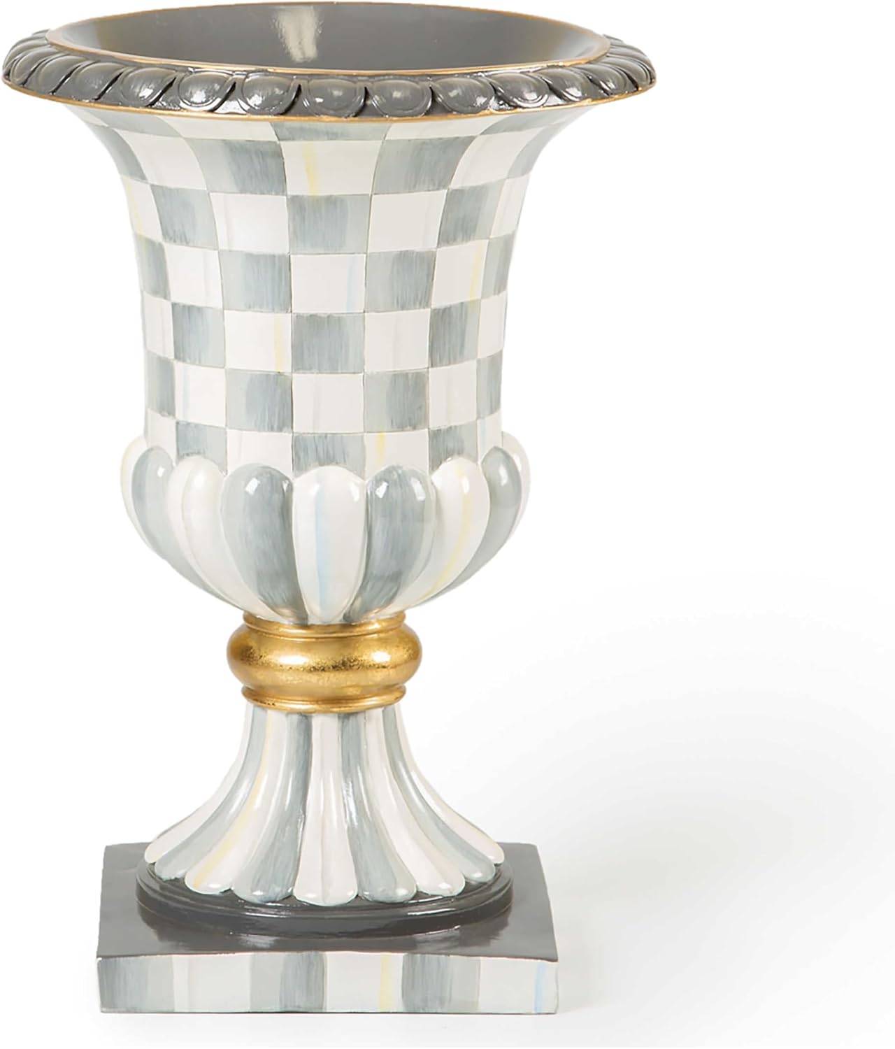 MACKENZIE-CHILDS Pedestal Tabletop Urn, Decorative Centerpiece for Table, Mantel, or Shelf, Tall, Gray-and-White Sterling Check