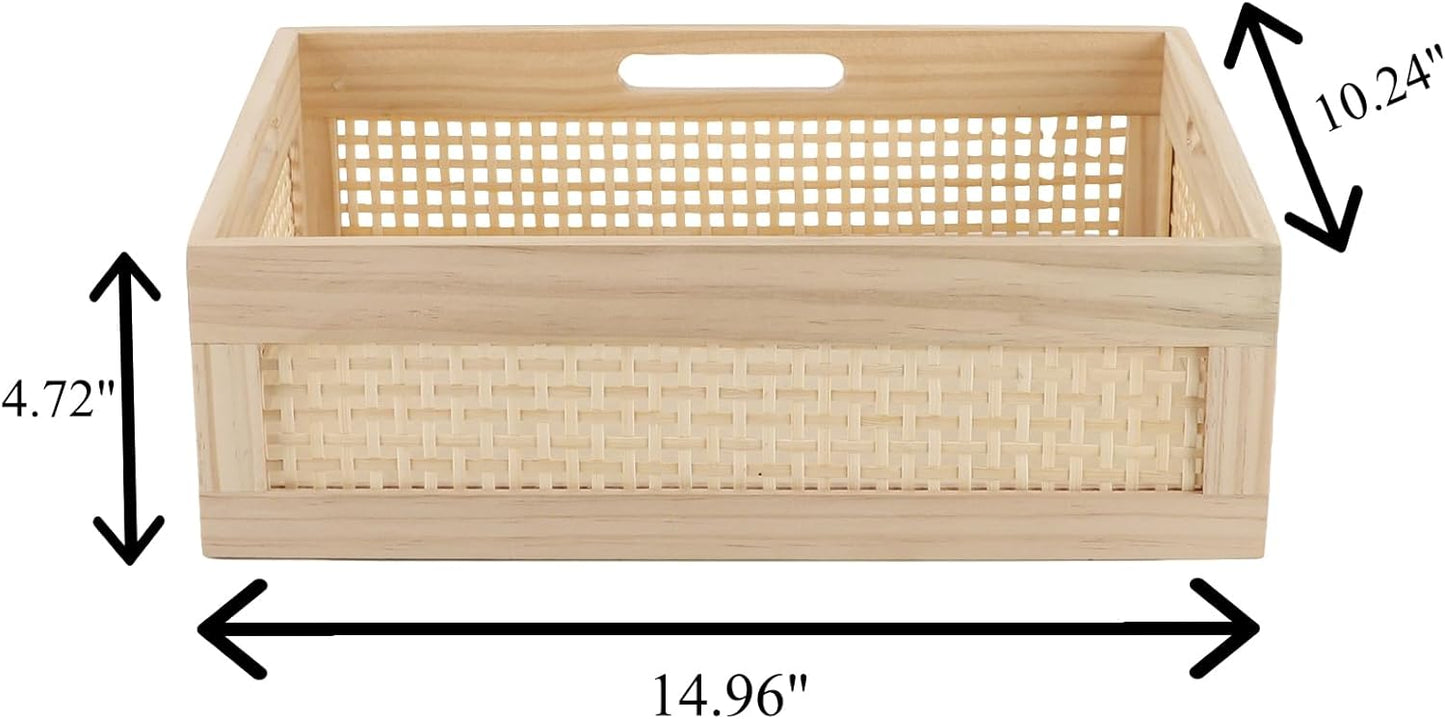 YRMT Wooden Baskets Shallow Wood Storage Basket Crate with Handles Decorative Storage Bins Organizer Rustic Farmhouse Countertop Basket for Shelves,Pantry,Kitchen