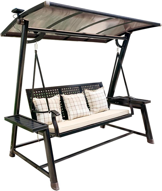 2/3-Seat Outdoor Patio Porch Swing with Adjustable Aluminum Alloy Canopy Solar Patio Swing Chair Bench with Footrest Side Cup Holder for Backyard Lawn (L-Aluminum Mesh Red Copper-3 Seat)