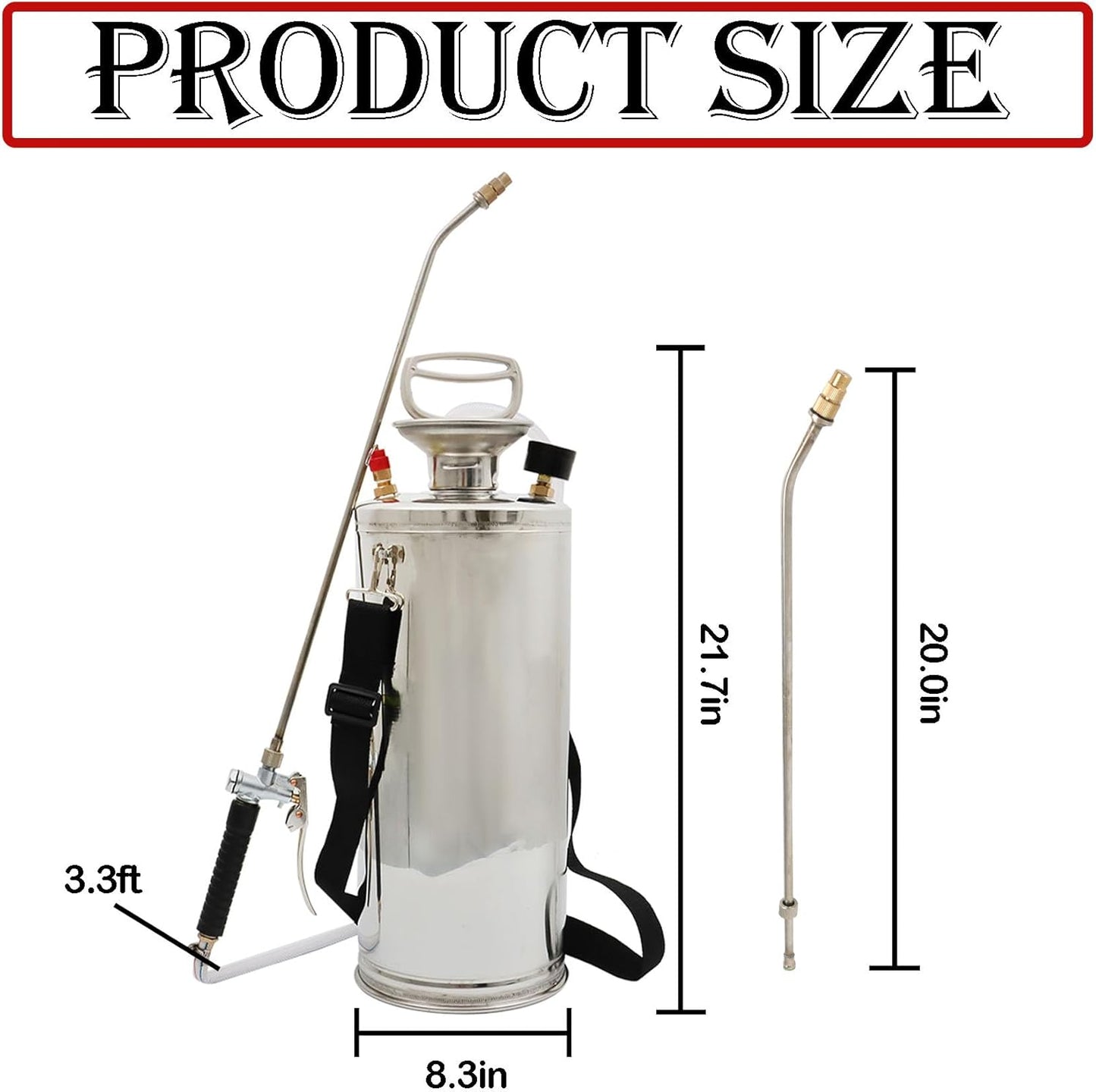 Hand Pump Sprayer Stainless Steel Sprayer for Indoor and Outdoor 2 Gallon Sprayer 20 in Wand 3.3 FT Hose