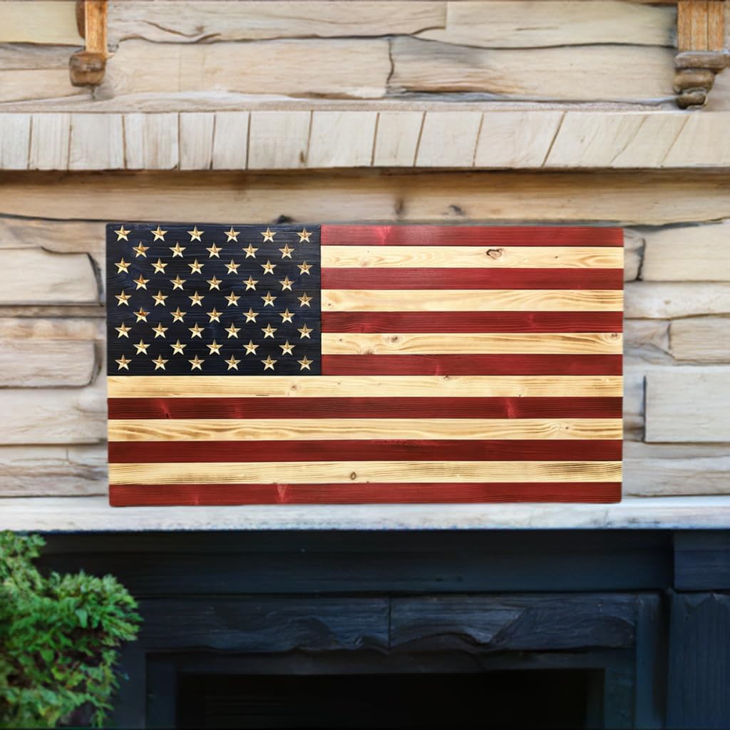 Rustic Wooden American Flag, Patriotic Wall Art (Weather Protected Finish, 34x65)