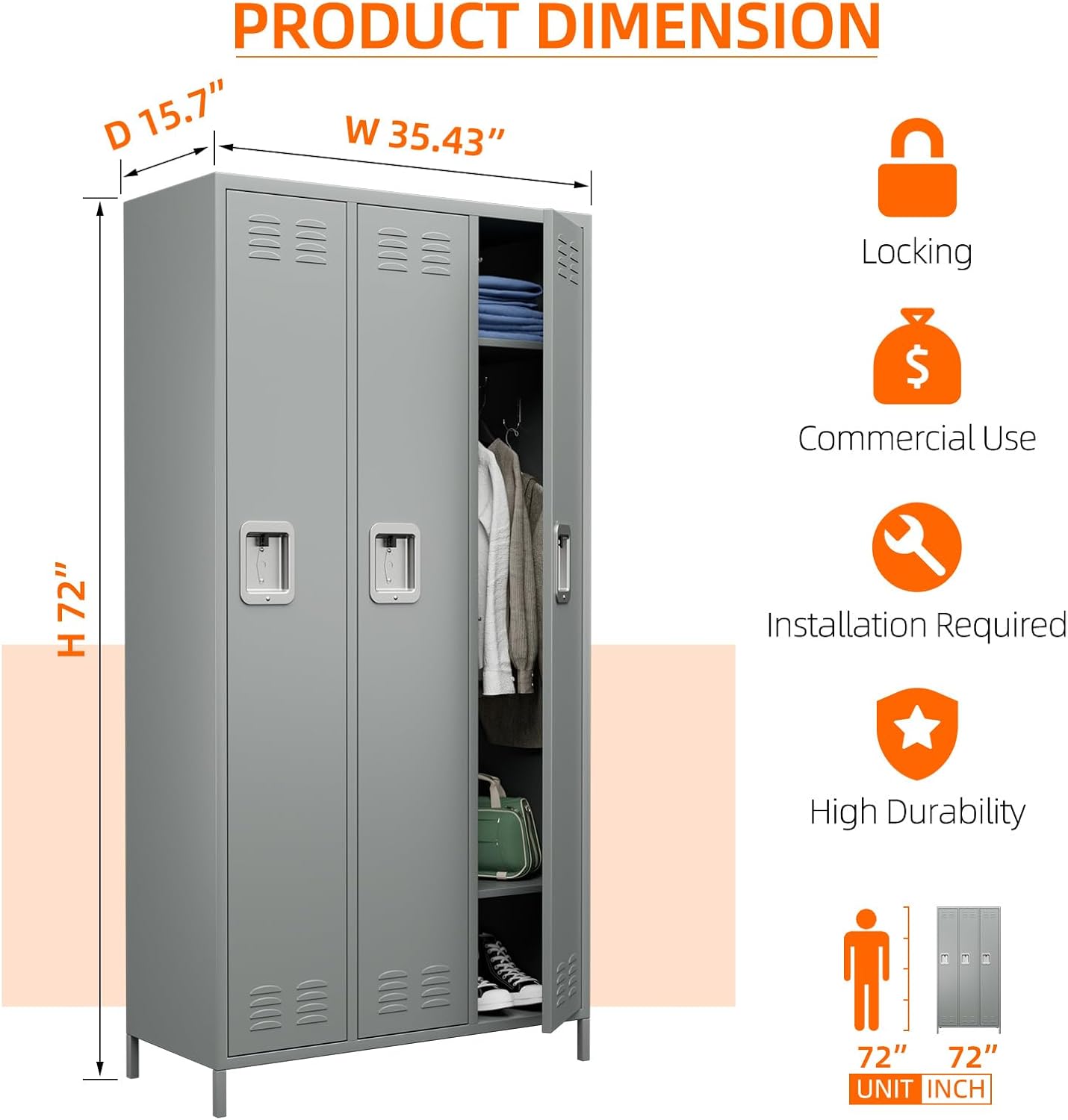 Metal Employee Lockers with 3 Doors,Metal Locker with 9 Hooks for Office Gym Garage Home,Assembly Required,Light Grey