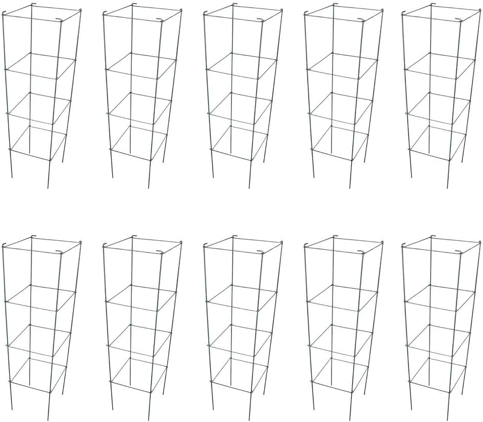Galvanized Square Folding Tomato Cage Plant Support Stake Tower 12 inch by 46 inch, Pack of 10 Sets(Also Sold as Pack of 2 & 5,PVC Green is Available)