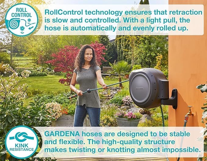 GARDENA 20502, Retractable Garden Hose Reel 75' x 1/2" hose, Wall Mounted, Automatic Retraction & Length Lock for Easy Watering. Heavy Duty Swivel Bracket 180°, Includes Nozzle. Made in Europe