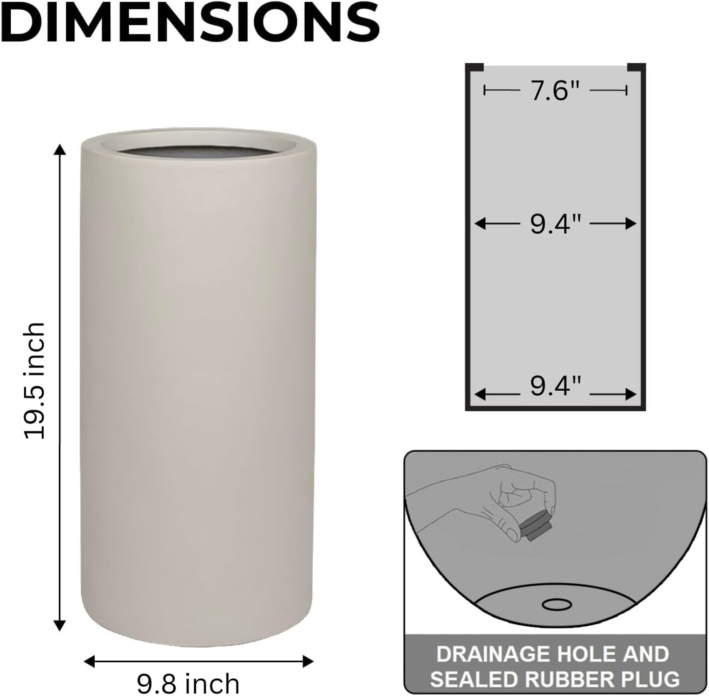 19.5"H x 9.8"D Tubo Fiberstone Cylinder Tall Planter with Drainage Hole, Smooth Finishes, Weather Resistant for Indoor and Outdoor Use, Included 2 Extra Coco Mats (Taupe, 8.2" Pot Opening)