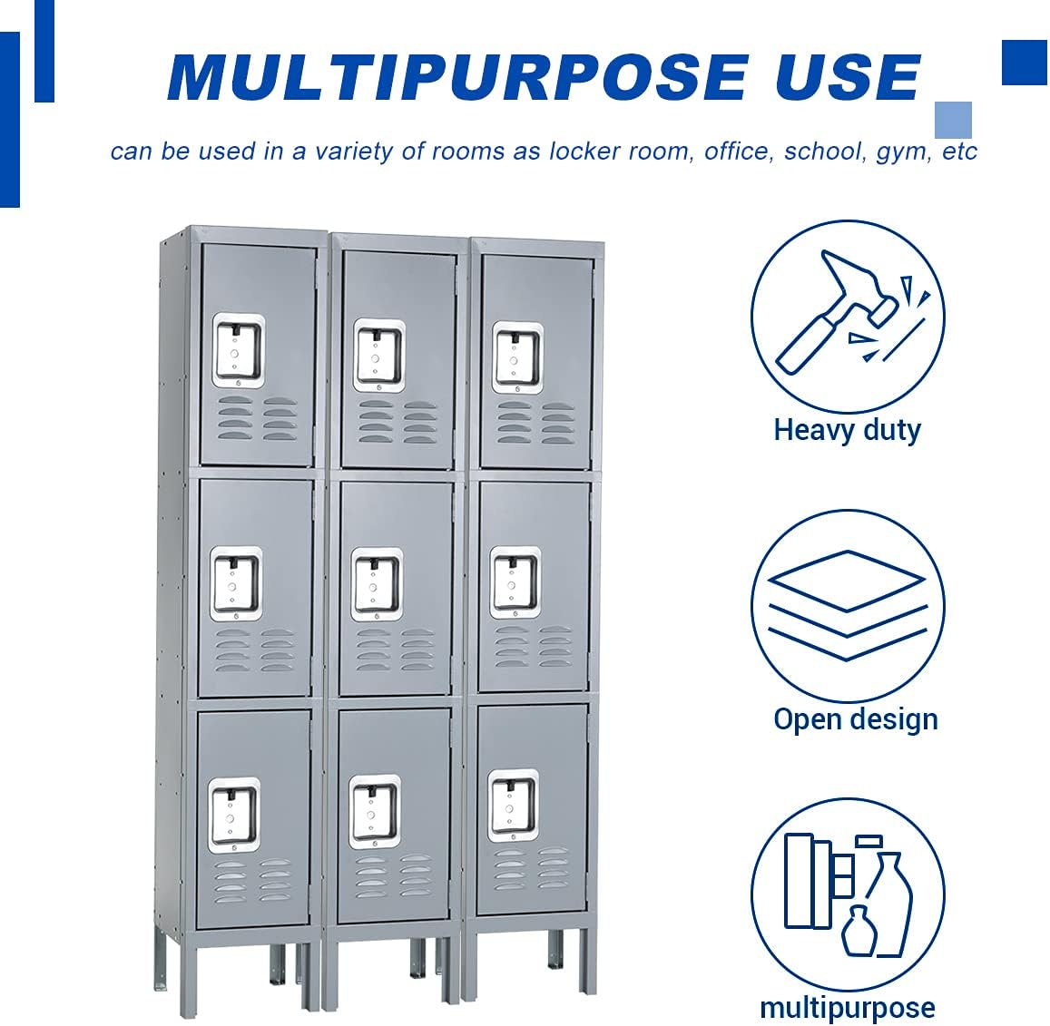 Bonusall Metal Locker for Employees, Office Storage Lockers 3-Tier Steel Lockers for School Gym Locker Compartment Home Office 3 Doors Grey