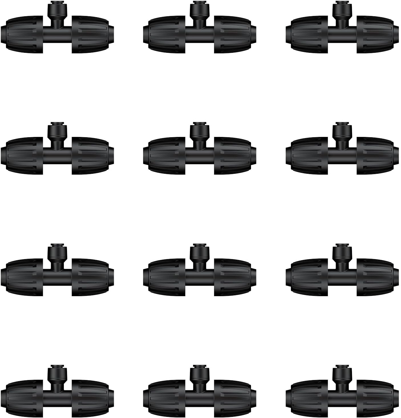 Pawfly 12 Pcs 1/2'' to 1/4'' Barbed Tee Quick Connectors, Drip Irrigation Tee Connectors with Anti-Drop Locked Nuts, Push-to-Fit Drip Irrigation Fittings Parts for Garden Lawn, 3-Way Reducing Tees