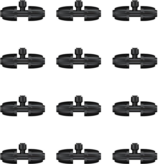 Pawfly 12 Pcs 1/2'' to 1/4'' Barbed Tee Quick Connectors, Drip Irrigation Tee Connectors with Anti-Drop Locked Nuts, Push-to-Fit Drip Irrigation Fittings Parts for Garden Lawn, 3-Way Reducing Tees