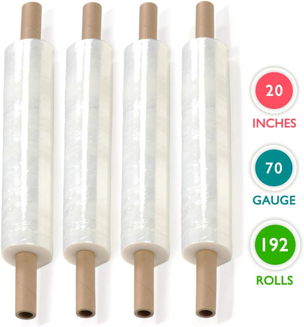 20 inch x 1000 Feet Stretch Wrap Extended Core Handle, Clear Stretch Film, 192 Rolls