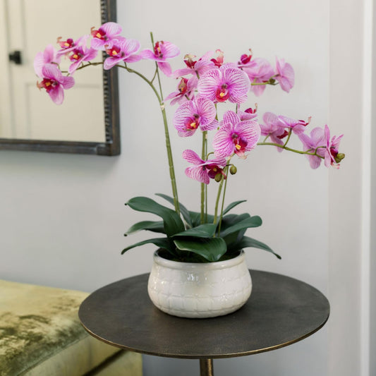 Faux Orange Orchid Plant, Premium Artificial Indoor Flower Display Stands 23”, Beautiful Sculptural Blooms That Lasts Forever, White Planter Pot Included