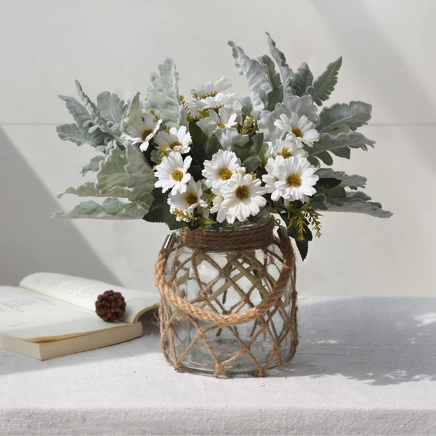 Rustic Hanging Mason Nautical Jar Creative Rope Net Dry Flower Glass Vase with Handle 6.5 Inch