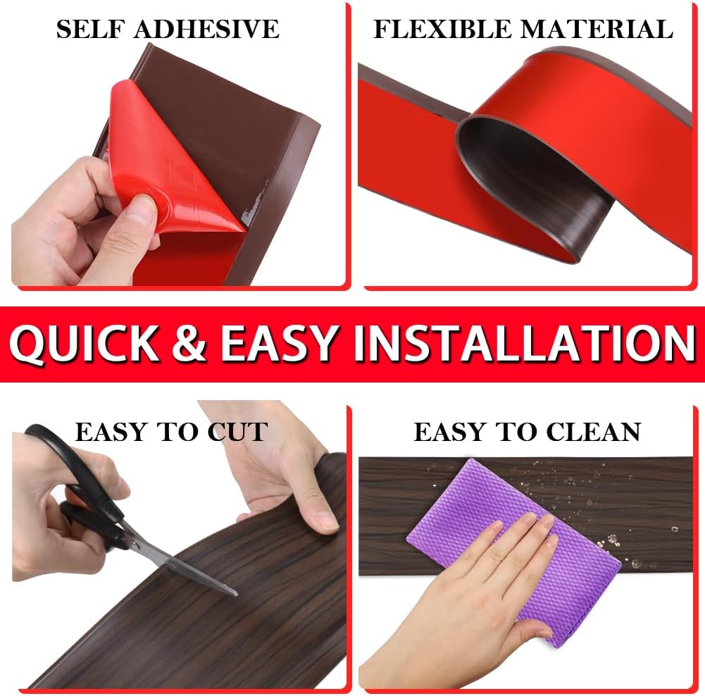 Vinyl Wall Base Baseboard Molding Trim 4" Flexible Self Adhesive Rubber Wall Base Moulding Trim Peel and Stick Design, 4 Inch x 40 Feet, Brown Wood Grain