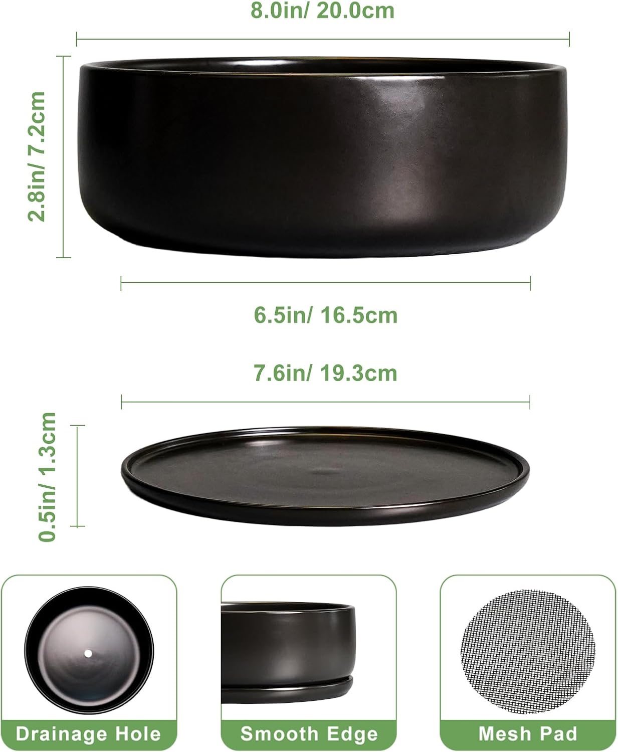 SQOWL Bonsai Pots - 8 Inch Ceramic Plant Pots for Succulents, Round Indoor Planter with Drainage Hole and Saucer, Shallow Modern Planter Bowl, Room Decor, Black