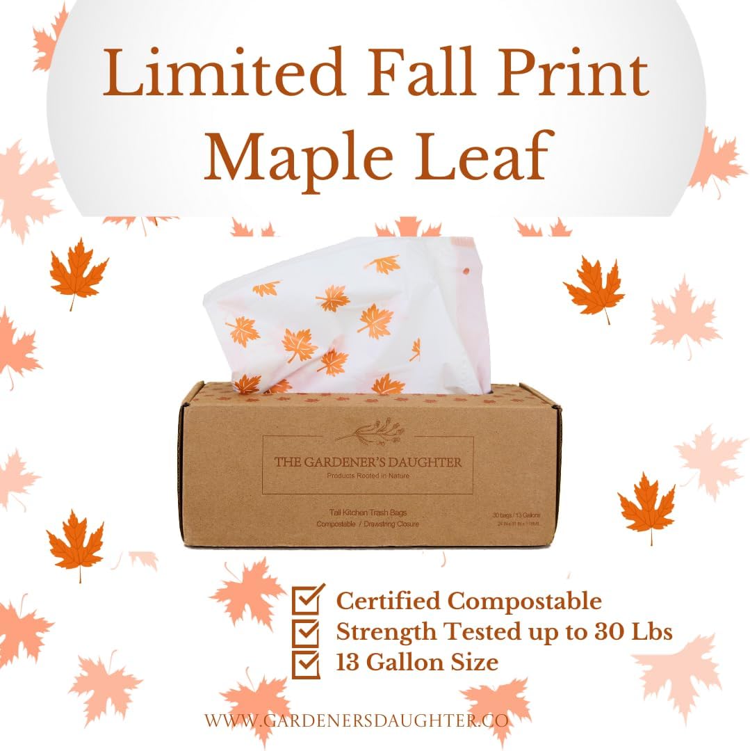 Limited Edition Fall Maple Leaf – Compostable Trash Bags by The Gardener's Daughter, 13 Gallon, 30 Count, White, Extra Strength, Drawstring Kitchen Waste Bag – BPI & TUV Certified