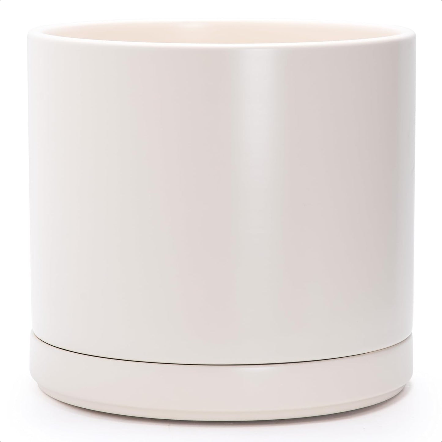 D'vine Dev 14 Inch Ceramic Planter Pot with Drainage Hole and Saucer, Indoor Cylinder Round Planter Pot, Oatmeal, 94-O-G-8